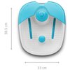 Biało-niebieski masażer do stóp z widocznymi wypustkami i pokrętłem na górze, oznaczony logo "ecomed". Wymiary urządzenia to 38,5 cm na 33 cm.