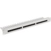 Na zdjęciu znajduje się patch panel LANBERG PPU6-1124-S z 24 portami, oznaczonymi numerami od 1 do 24. Panel ma prostokątny kształt i jest w kolorze srebrnym z czarnymi portami.