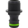 Czarne przyłącze kranowe z zielonym pierścieniem, wykonane z tworzywa sztucznego, o oznaczeniu "Przyłącze kranowe STALCO GARDEN STR 1/2" S101010463". Produkt ma gwintowaną końcówkę i jest przeznaczony do systemów ogrodowych.