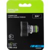 Opakowanie produktu "Przyłącze kranowe STALCO GARDEN 3/4" EXP S101010251" z widocznym przyłączem kranowym na czarnym tle. Na opakowaniu znajdują się napisy: "STALCO GARDEN", "CONNECTOR WITH A FEMALE THREAD", "3/4"", "COMFORT GRIP", "FITS WITH OTHER BRANDS