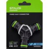 Opakowanie produktu z napisem "STALCO GARDEN" oraz "THREE WAY CONNECTOR" zawiera ciemnoszary łącznik potrójny z zielonymi uszczelkami. Na dole opakowania widnieje napis "UNI FIT", "EXP" oraz kod "S101010245".