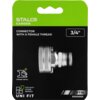 Opakowanie produktu "Przyłącze kranowe STALCO GARDEN XTR 3/4" S101010051" z widocznym metalowym złączem na czarnym tle. Na opakowaniu znajdują się napisy: "STALCO GARDEN", "CONNECTOR WITH A FEMALE THREAD", "3/4"", "STRONG METAL", "FITS WITH OTHER BRANDS", "UNI FIT", "XTR", "S101010051".