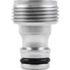 Metalowe przyłącze kranowe z gwintem i uszczelką, wykonane z błyszczącego materiału. Produkt ma cylindryczny kształt z wyraźnymi rowkami na górze i gumową uszczelką na dole.