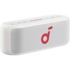 Biały głośnik mobilny z widocznym czerwonym logo na przedniej kratce oraz przyciskami na górnej powierzchni, w tym symbolem zasilania i ikonami Bluetooth. Na górze znajduje się również napis "soundcore".