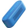 Niebieski głośnik mobilny z widocznymi przyciskami sterowania na górnej powierzchni, w tym przyciski zasilania, Bluetooth, regulacji głośności oraz odtwarzania. Na górze znajduje się logo "soundcore".