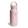 Różowa butelka termiczna z uchwytem, posiada logo w kształcie stylizowanej dłoni oraz napis "Hydro Flask" na dole. Butelka ma metalowy pierścień pod nakrętką.