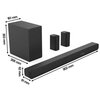 Na zdjęciu znajduje się czarny soundbar z wyświetlaczem pokazującym "VOL 23", dwa mniejsze głośniki oraz subwoofer. Wymiary subwoofera to 161 mm szerokości, 303 mm wysokości i 306 mm głębokości, natomiast soundbar ma 902 mm długości, 62 mm wysokości i 91 
