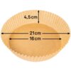 Papierowa foremka o brązowym kolorze z widocznymi wymiarami: wysokość 4,5 cm, średnica zewnętrzna 21 cm, średnica wewnętrzna 16 cm.