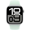 Smartwatch z jasnym, miętowym paskiem i dużym wyświetlaczem, na którym widoczna jest godzina 10:09 w białych cyfrach na czarnym tle. Obudowa zegarka jest metaliczna, a koronka znajduje się z boku.