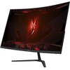 Na zdjęciu widoczny jest zakrzywiony monitor marki Acer z wyświetlaczem prezentującym grafikę w odcieniach czerwieni i czerni. Na dolnej ramce monitora znajduje się logo "acer".