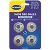 Opakowanie produktu Dr. Scholl's Shoe Deo Balls zawiera cztery kulki dezodorujące, z których każda ma widoczne logo Dr. Scholl's. Na opakowaniu znajdują się napisy: "FRESH SCENT", "SHOE DEO BALLS", "12H FRESHNESS", "Clinically tested", "Immediate odour co