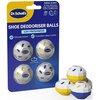 Opakowanie zawiera cztery kule dezodorujące do butów marki Dr. Scholl's, z napisem "Shoe Deodoriser Balls" oraz informacjami o 12-godzinnej świeżości i natychmiastowej kontroli zapachu. Na opakowaniu widnieją również ikony sugerujące zastosowanie w butach