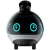 Biały inteligentny robot o kulistym kształcie z czarnym panelem na przodzie, na którym widoczne są dwa niebieskie, świecące okręgi przypominające oczy. Na dolnej części obudowy znajduje się napis "EBO X".
