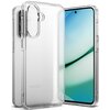 Przezroczysto-matowe etui na telefon jest pokazane obok smartfona, na którym widoczny jest ekran z gradientowym tłem w odcieniach niebieskiego i zielonego. Etui ma wycięcia na aparat i przyciski, a jego powierzchnia jest lekko matowa.