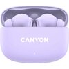 Fioletowe słuchawki dokanałowe w etui ładującym, na którym widnieje logo "CANYON". Etui jest otwarte, ukazując słuchawki wewnątrz.