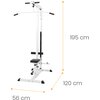 Na zdjęciu znajduje się biały wyciąg górny i dolny z czarnymi elementami, z oznaczeniami wymiarów: wysokość 195 cm, długość 120 cm, szerokość 56 cm. Produkt ma siedzisko i uchwyty, a na zdjęciu nie ma widocznych logo ani tekstu.