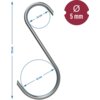 Na zdjęciu znajduje się metalowy hak w kształcie litery "S" z oznaczeniami wymiarów: długość 150 mm, średnica 5 mm, średnica wewnętrzna górnego łuku ~36 mm, dolnego ~56 mm. Obok widoczna jest czerwona ikona z symbolem średnicy i napisem "5 mm".
