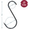 Zdjęcie przedstawia metalowy hak w kształcie litery "S" z ostrym zakończeniem, z oznaczeniami wymiarów: długość 150 mm, średnica 5 mm, oraz średnice łuków 36 mm i 56 mm. W prawym górnym rogu znajduje się czerwone koło z białym symbolem średnicy i napisem 
