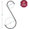 Zdjęcie przedstawia metalowy hak w kształcie litery "S" z wymiarami: długość 150 mm, średnica drutu 3 mm, średnica mniejszego łuku około 36 mm, a większego 56 mm. W prawym górnym rogu znajduje się czerwone kółko z białym symbolem średnicy i napisem "3 mm"