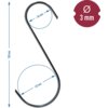 Na zdjęciu znajduje się metalowy hak w kształcie litery "S" z wymiarami: długość 150 mm, średnica drutu 3 mm, średnica górnego łuku 36 mm, średnica dolnego łuku 52 mm. Obok widoczna jest czerwona ikona z symbolem średnicy i napisem "Ø 3 mm".