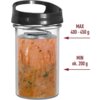 Przezroczysty pojemnik z czarną pokrywką, wypełniony masą mięsną, z widocznymi napisami: "MAX 400 - 450 g" oraz "MIN ok. 200 g".