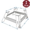 Ilustracja przedstawia schemat mobilnej podstawy do wędzarni z czterema kółkami, oznaczeniami wymiarów: 430 mm, 348 mm, 520 mm, 570 mm oraz wysokością 25 cm.