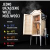 Na zdjęciu znajduje się drewniana wędzarnia z otwartymi drzwiami, z widocznymi w środku kawałkami mięsa, a obok niej tekst: "Jedno urządzenie wiele możliwości" oraz informacje o temperaturach: "Osuszanie 16-25°C", "Wędzenie na zimno do ~45°C", "Wędzenie na ciepło do ~60°C", "Podpiekanie 80-90°C". Wędzarnia jest wyposażona w elektroniczny panel sterujący i generator dymu.