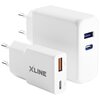 Na zdjęciu widoczne są dwie białe ładowarki sieciowe z logo "XLINE". Jedna z nich ma dwa porty USB, z czego jeden jest oznaczony kolorem niebieskim, a druga posiada port USB oznaczony kolorem pomarańczowym oraz napis "18W" i "20W".