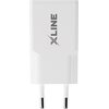 Biała ładowarka sieciowa z dwoma metalowymi wtykami, na której widnieje logo "XLINE". Produkt ma prostokątny kształt z zaokrąglonymi krawędziami.