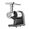 Na zdjęciu znajduje się maszynka do mięsa z metalowym korpusem i tacką na górze, z widocznym logo "TurboTronic Kitchen Electronics" na boku. Maszynka ma cylindryczny kształt z otworami na przodzie oraz dwa przyciski na podstawie.