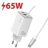 Biała ładowarka sieciowa z dwoma portami USB, oznaczona jako "USAMS" i "65W GaN", z podłączonym kablem USB-C. Na zdjęciu widoczny jest również duży napis "65W" z symbolem błyskawicy.
