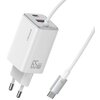 Biała ładowarka sieciowa z dwoma portami USB, oznaczona napisami "USAMS" i "65W GaN", z podłączonym białym kablem zakończonym wtyczką USB-C.