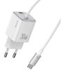 Biała ładowarka sieciowa z napisem "USAMS" oraz oznaczeniem "30W GaN" na obudowie, z widocznym kablem zakończonym wtyczką USB-C. Na wtyczce kabla znajduje się napis "PD".