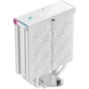 Biały radiator z widocznymi poziomymi żeberkami i metalową podstawą, na górze znajduje się logo w kształcie litery "F" oraz cyfrowy wyświetlacz z nieczytelnymi symbolami. Produkt ma kolorowe akcenty na rogach.