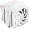 Białe chłodzenie CPU z widocznym wentylatorem i żebrowaniem, na górnej powierzchni znajduje się wyświetlacz z ikoną termometru oraz cyfrowymi oznaczeniami. Na obudowie widoczne jest logo producenta.
