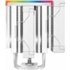 Biały radiator z metalowymi żeberkami i rurkami cieplnymi, na górze widoczny jest pasek z podświetleniem RGB. Produkt ma nowoczesny design z symetrycznym układem elementów.
