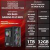 Na zdjęciu znajduje się komputer z obudową z podświetleniem ARGB oraz szczegółowa specyfikacja techniczna: karta graficzna PowerColor AMD Radeon Hellhound RX 7800XT 16GB, płyta główna MSI B650 Gaming Plus WiFi, chłodzenie Arctic Freezer 36 ARGB Black, zas