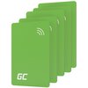 Zestaw pięciu zielonych kart NFC z białym logo "GC" w dolnym rogu oraz symbolem fal radiowych w górnym rogu. Karty są ułożone w wachlarz, częściowo zasłaniając się nawzajem.