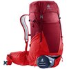 Czerwony plecak turystyczny z widocznym logo "deuter" na górnej klapie oraz napisem "Futura Pro 36" na bocznej kieszeni. Na dolnej kieszeni znajduje się napis "deuter dreamlite 500 Lightweight Thermo".
