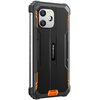 Smartfon z czarną obudową i pomarańczowymi akcentami, posiada podwójny aparat z lampą błyskową oraz logo "Blackview" na tylnej części. Na boku urządzenia widoczny jest napis "WATERPROOF".