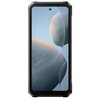 Przedstawiony jest smartfon z dużym ekranem, na którym widoczna jest abstrakcyjna grafika z zaokrąglonymi kształtami w odcieniach szarości i różu. Obudowa urządzenia jest czarna, a na górze ekranu znajduje się centralnie umieszczona kamera przednia.