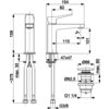 Schemat techniczny baterii umywalkowej z wymiarami: wysokość 159 mm, długość wylewki 115 mm, szerokość podstawy 47x47 mm, średnica otworu montażowego Ø66 mm, maksymalna grubość blatu 30 mm, przyłącze G3/8. Widoczne są również oznaczenia kątów i dodatkowe 