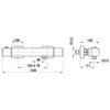Schemat techniczny baterii natryskowej z oznaczeniami wymiarów: 59, 150 ± 15, ~306, ~95, ~71 oraz gwintami G1/2. Produkt to "Bateria natryskowa KFA ARMATURA Malaga 5756-010-61 Gun metal grey PVD".