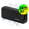 Czarny głośnik mobilny z logo "SONY" na boku, otoczony rozpryskującą się wodą, z widocznym zielonym okrągłym oznaczeniem "24 godziny ULT POWER SOUND". Na górze głośnika znajdują się przyciski sterujące.
