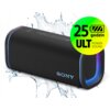 Czarny głośnik mobilny z logo "SONY" na siatce, otoczony rozpryskami wody, z kolorowymi akcentami świetlnymi na bokach. Obok głośnika znajduje się zielono-żółty okrąg z napisem "25 godzin ULT POWER SOUND".