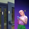 Na zdjęciu po lewej stronie widoczny jest czujnik zamontowany na ramie okna, a po prawej stronie osoba trzymająca telefon z wyświetlonymi dwoma wykrzyknikami obok głowy. Produkt to "Czujnik WIZ 929004121932 (2 szt.)".