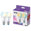 Dwa inteligentne żarówki LED z widocznym logo "WiZ" obok opakowania, na którym znajduje się napis "SMART BULB EASY TO CONTROL" oraz informacje: "806 lm", "8W LED EQ. 60W", "Warm to cool".