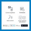 Na zdjęciu znajduje się biały prostokąt z niebieską ramką, na którym umieszczono cztery ikony z podpisami: "Control anywhere", "Schedules", "Voice control" i "Smart switches and sensors". Na dole widoczne są logotypy: "works with Google Home", "works with
