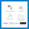 Grafika przedstawia cztery ikony z podpisami: "Control anywhere", "Schedules", "Voice control" i "Smart switches and sensors". Na dole znajdują się logotypy: "works with Google Home", "works with Alexa", "works with Siri Shortcuts" oraz "matter".