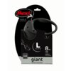 Czarne opakowanie smyczy z logo "flexi" i napisem "MADE IN GERMANY" na górze, zawiera informacje: "L max. 50 kg", "8 m", "TAPE GURT SANGLE FETTUCCIA", oraz "giant BLACK EDITION". Produkt jest częściowo widoczny w opakowaniu.